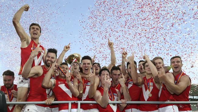 North Adelaide players celebrate last year’s SANFL grand final win, which followed the 19th man saga in the preliminary final a week earlier. Picture: Sarah Reed