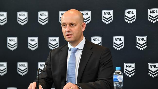 NRL CEO Todd Greenberg addresses the media during a press conference conference in Sydney, Wednesday, December 19, 2018. The NRL Integrity Unit has found evidence that supports the preliminary finding that Sharks coach Shane Flanagan continued to have dealings with the club while he was suspended in 2014. (AAP Image/Brendan Esposito) NO ARCHIVING