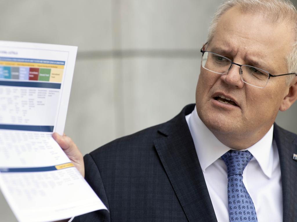 Prime Minister Scott Morrison provides an update to media after this afternoon’s National Cabinet meeting. Picture: NCA NewsWire / Gary Ramage