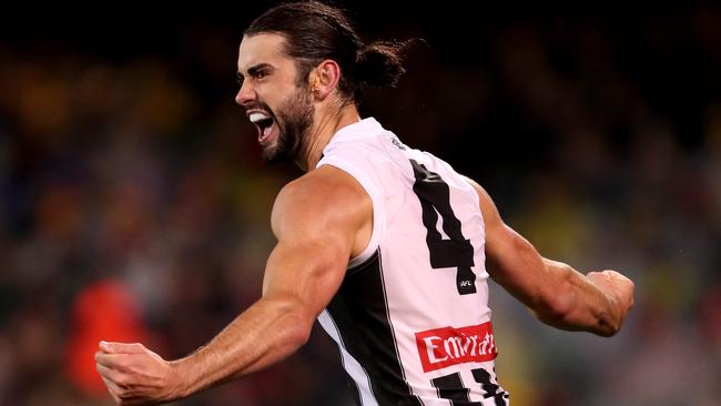 Magpies ruckman Brodie Grundy celebrates a goal against the Crows. Picture: James Elsby/AFL Media/Getty Images