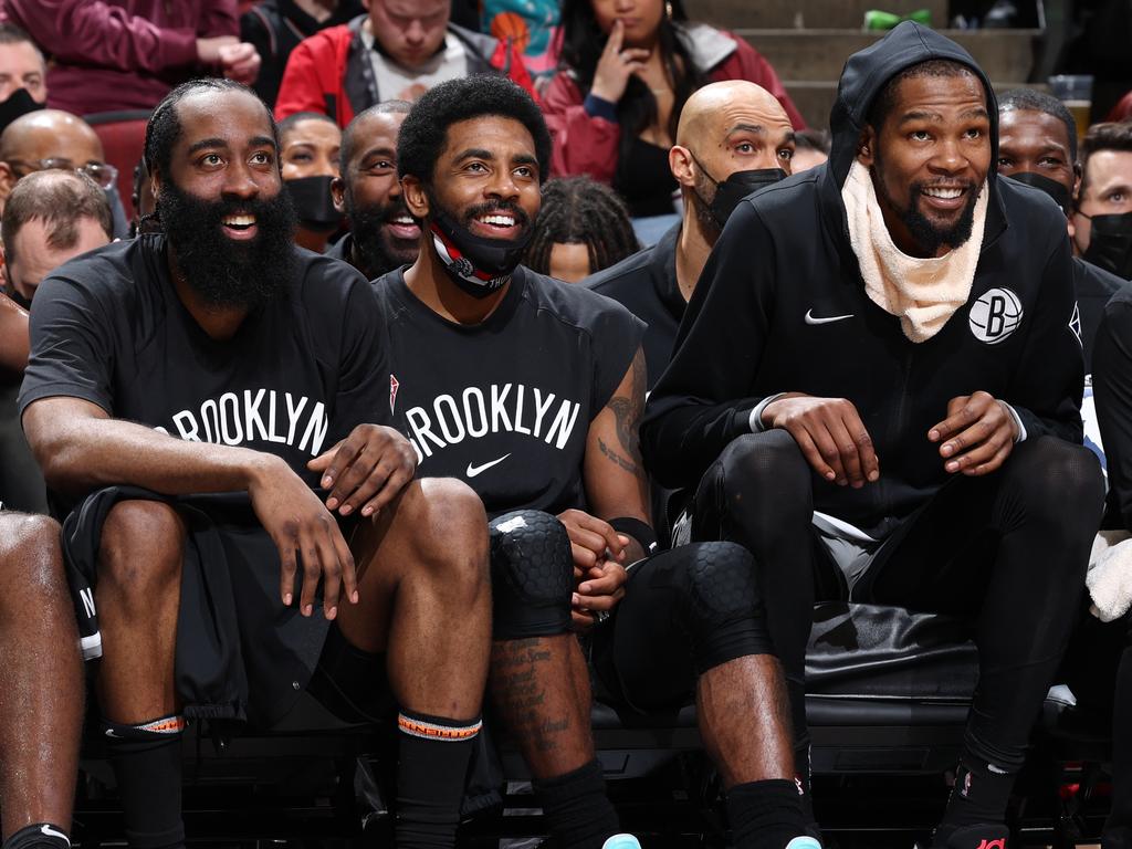 James Harden, Kyrie Irving and Kevin Durant of the Brooklyn Nets: an NBA ‘Big Three’ that has barely taken the court together so far. Picture: Jeff Haynes/NBAE via Getty Images