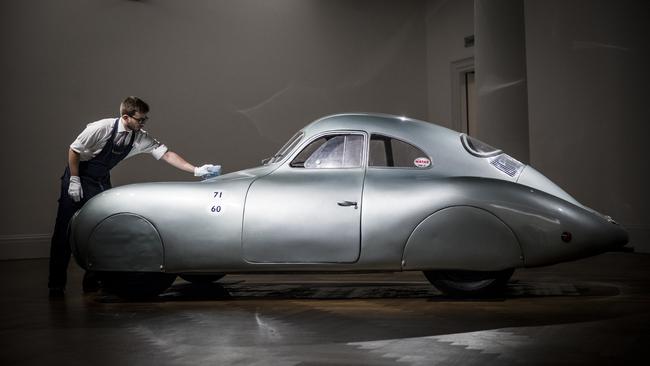 LONDON, ENGLAND - MAY 21: The oldest car to wear the Porsche badge goes on view at Sotheby's on May 21, 2019 in London, England.  The only surviving 1939 Porsche Type 64 Berlin-Rome, No. 3, this rare piece of motoring history was the personal car of Ferdinand and Ferry Porsche, predating the first production Porsche, the 356.  The car is on view at Sotheby's in London from 21st -24th May prior to being offered for sale by RM Sotheby's in Monterey, California, 15-17th August 2019, with an estimate in excess of $20 million. (Photo by Tristan Fewings/Getty Images for Sotheby's) BESTPIX