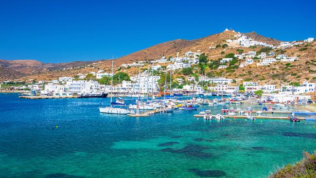 Chora and the harbour on Ios, Greece.