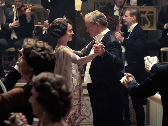 Elizabeth McGovern and Hugh Bonneville in a scene from the Downton Abbey movie.