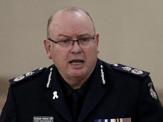 MELBOURNE, AUSTRALIA - AUGUST 13: Victoria Police Chief Commissioner Graham Ashton speaks during the funeral for former Victorian Police Chief Commissioner Mick Miller on August 13, 2019 in Melbourne, Australia. Mick Miller joined Victoria Police in 1947 and served as Chief Commissioner of Victoria Police from 1977 to 1987.  Miller is best remembered for modernising police services with the introduction of Neighbourhood Watch, the establishment of the Special Operations Group and the Police Airwing. Mick Miller died aged 92 on 6 August, 2019. (Photo by Darrian Traynor/Getty Images)