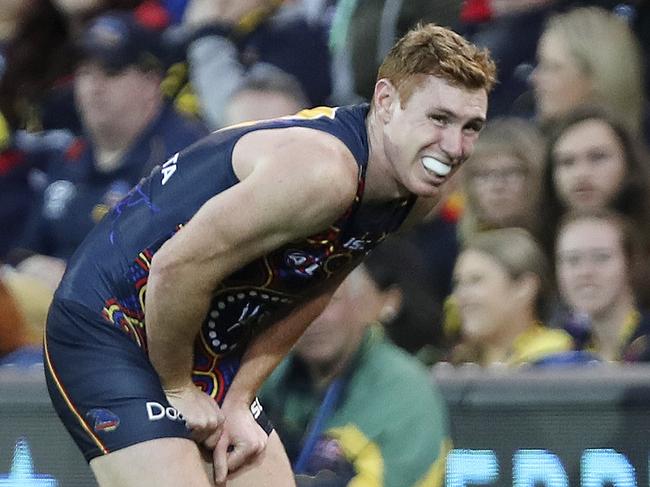 03/06/18 - AFL - Adelaide Crows v GWS Giants at the Adelaide Oval. Tom Lynch in trouble after a clash. Picture Sarah Reed