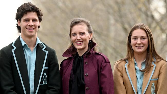 Geelong Grammar School captains: Hudson Siebell and Olivia Mann with Principal Cody