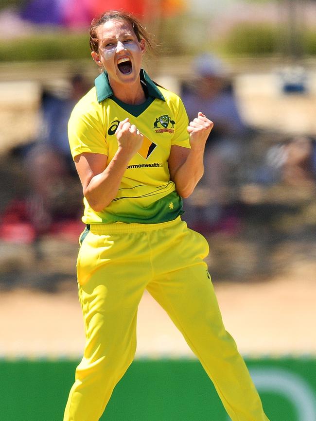 Megan Schutt celebrates after taking a wicket during game two of the One Day International Series between Australia and New Zealand at Karen Rolton Oval on February 24, 2019. Picture: Daniel Kalisz/Getty Images