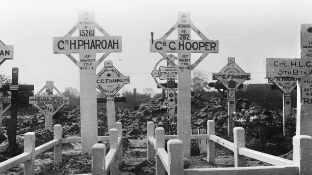 The grave of Hobart-born gunner Henry William Charles Pharoah at the Reninghelst New Military Cemetery in Belgium.