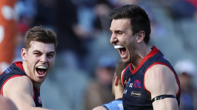 SANFL - ELIMINATION FINAL - Sturt v Norwood at Adelaide Oval. Declan Hamilton celebrates his goal with Matthew Panos and the incoming Matthew Nunn Picture SARAH REED