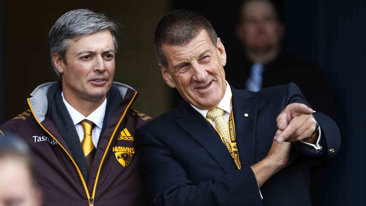 Former Hawthorn President Andrew Newbold and outgoing president Jeff Kennett.