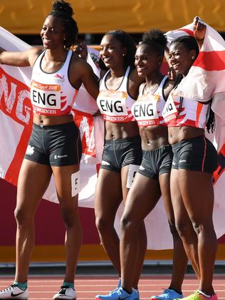 England’s women took out the 4x100m title. Picture: AFP photo/William West