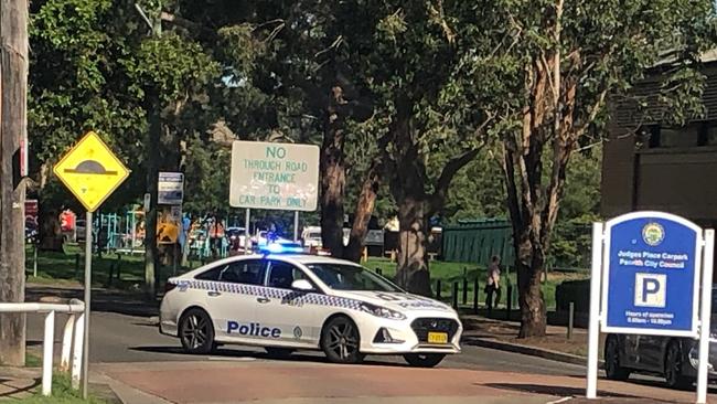 Police blocked the entry to the Judges Carpark off Station St, Penrith, after a 30-year-old man was stabbed in the thigh. Picture: Kate Lockley