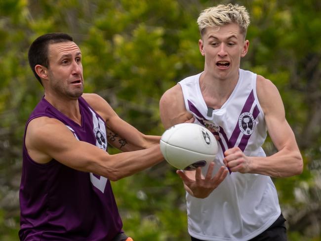 The Inaugural Good Friday Appeal and Victoria Racing Club Charity Football match at Flemington. Ben Allen on the ball. Pic Jay Town/VRC