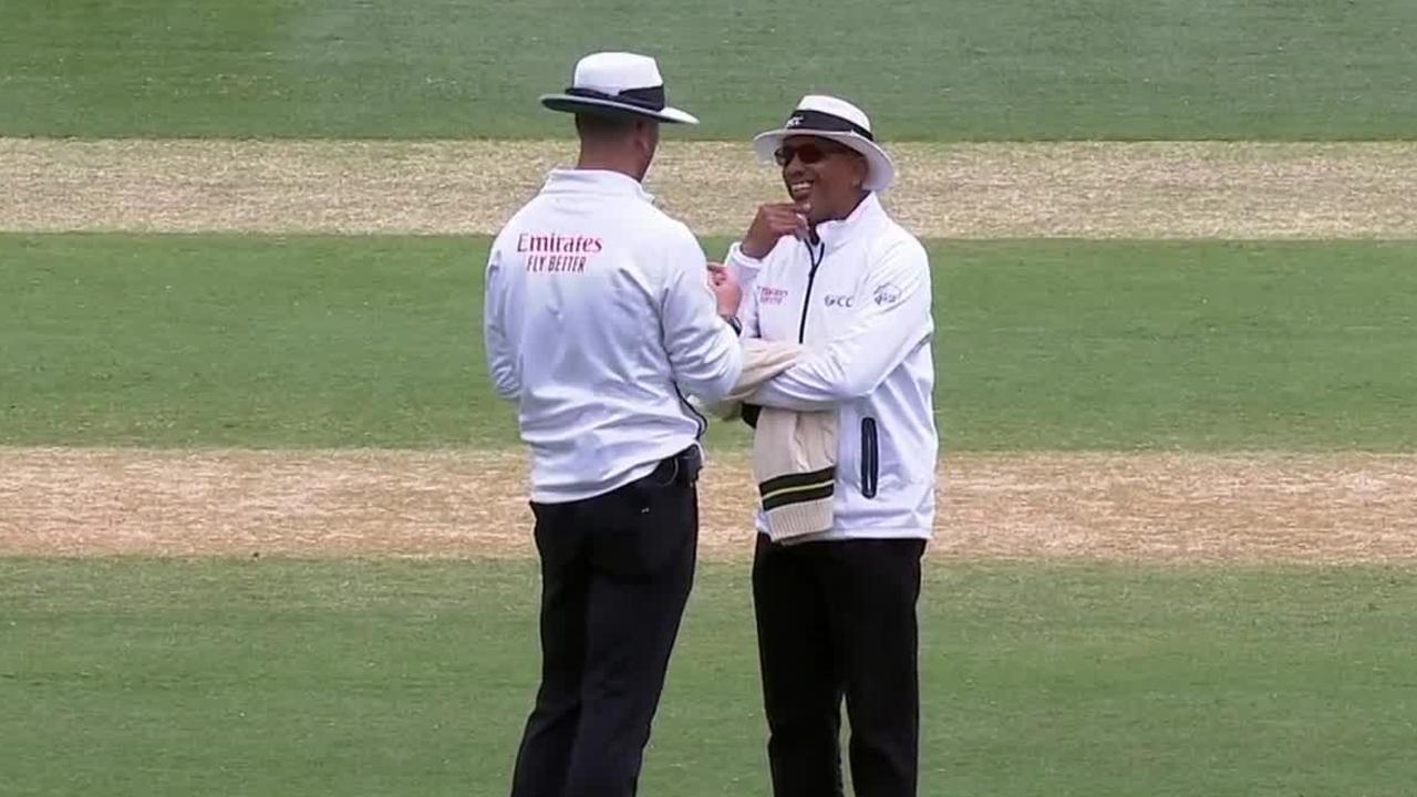 Players and on-field umpires were left waiting when Richard Illingworth didn’t return from lunch. Picture: Fox/X