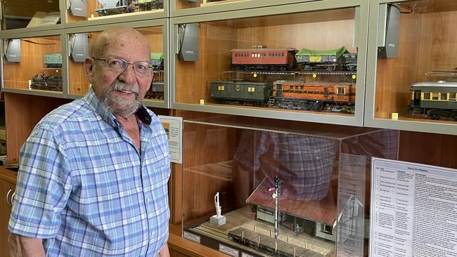 Peter Knife with model versions of trains previously ran on the Eyre Peninsula railway line. Picture: Micaela Stark