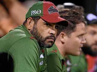 WATCHING ON: Greg Inglis looks on from the bench during the Charity Shield NRL pre-season match. Picture: DAN HIMBRECHTS