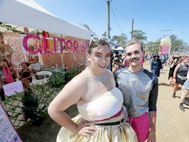 Dylan Kirkhope and Maighan Brandwood from the Glitoris stall at the Marion Bay Falls Festival. Picture: PATRICK GEE