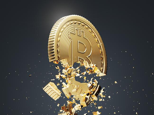 Gold bitcoin falling apart. Concept of a cryptocurrency market crisis. A black background. A side view. 3d rendering bitcoin crash generic