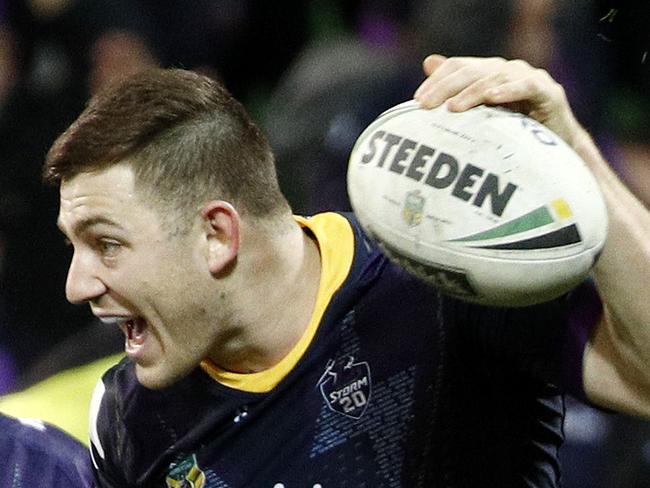 Ryley Jacks of the Storm (right) celebrates as try during the Round 17 NRL match between the Melbourne Storm and the St George-Illawarra Dragons at AAMI Park in Melbourne, Thursday, July 5, 2018. (AAP Image/Daniel Pockett) NO ARCHIVING, EDITORIAL USE ONLY