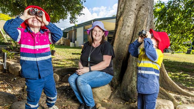 Bush Kindy Educator Rebecca Stephens from Strathpine Community Kindergarten with five-year-old Harriette Evans and four-year-old Giselle Woodbridge, Friday, September 18, 2020 - Picture: Richard Walker