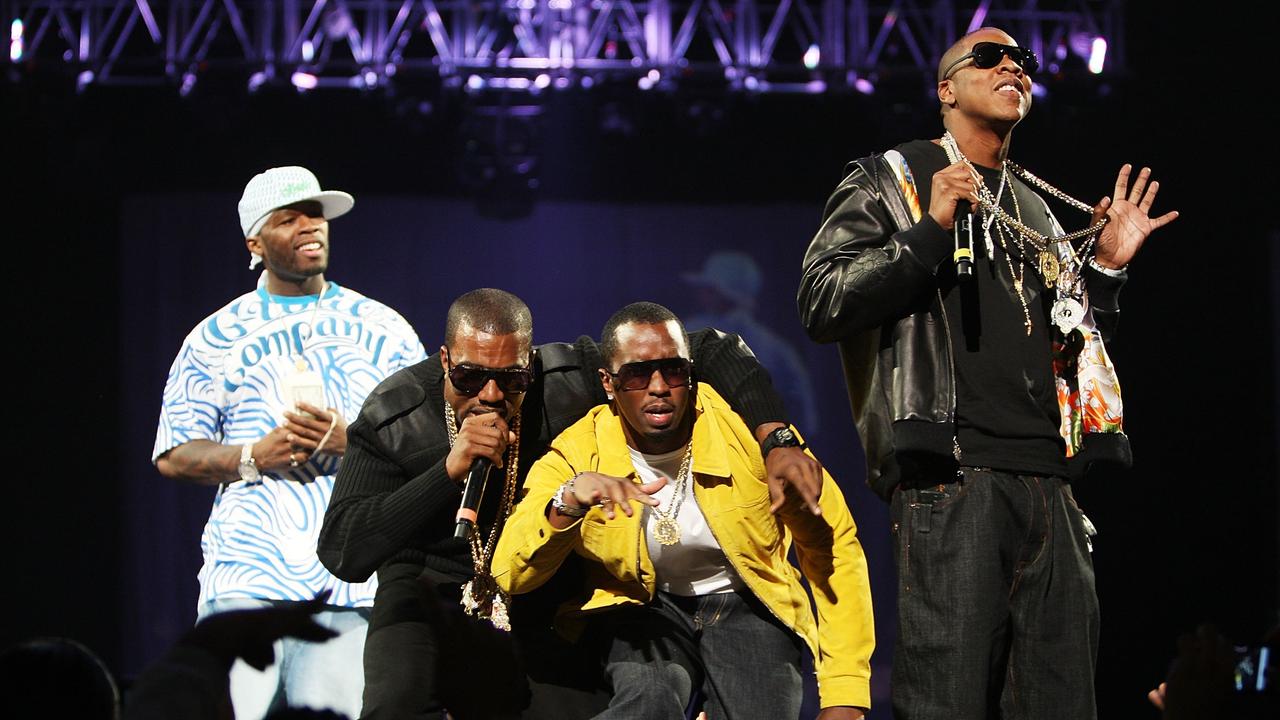 Rappers 50 Cent, Kanye West, Combs, and Jay Z perform onstage during Screamfest '07 at Madison Square Garden on August 22, 2007 in New York City. Picture: Scott Gries/Getty Images