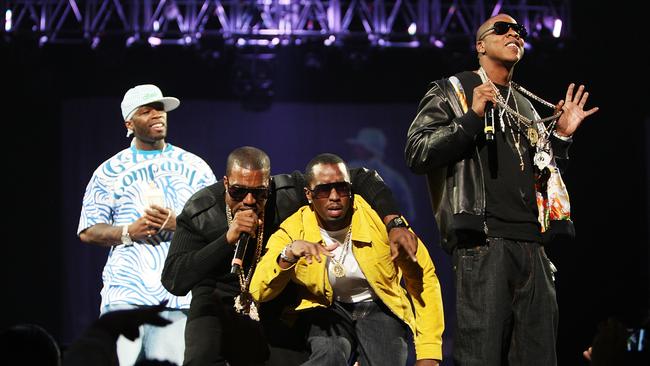 Rappers 50 Cent, Kanye West, Combs, and Jay Z perform onstage during Screamfest '07 at Madison Square Garden on August 22, 2007 in New York City. Picture: Scott Gries/Getty Images