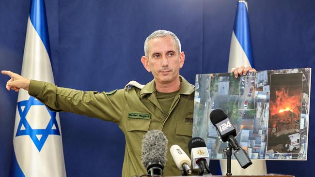 IDF spokesman Rear Admiral Daniel Hagari tells a press briefing that at the time of the incident, the Israeli army was not conducting air operations near the hospital and the rockets that hit the building did not match theirs. Picture: AFP