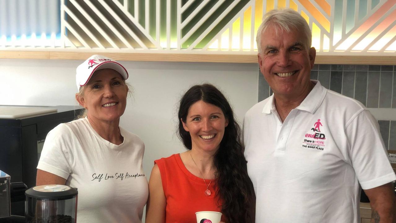 endED co-founders Mark and Gay Forbes pictured with eating disorder recovery coach Laura Chamberlain at endEd Espresso's opening event. Picture: Laura Pettigrew.