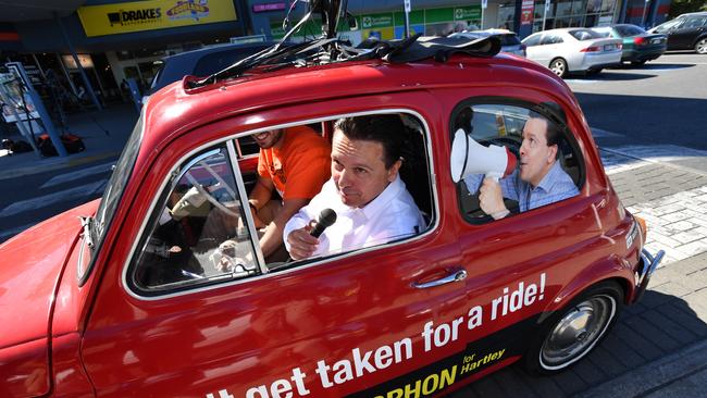 SA Best Leader Nick Xenophon in his car — its advertising has been found to be in breach of election laws. Picture:  AAP / David Mariuz