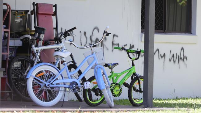 The graffiti found on the side of the home. Picture: Glenn Hampson.