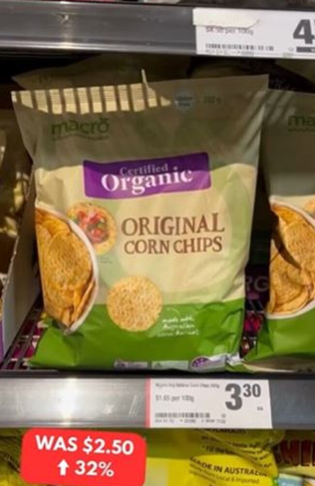 Woolworths’ Macro Corn Chips have risen in price although it’s remained steady. Picture:TikTok/@supermarket.swap