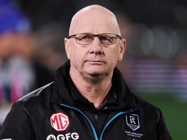 ADELAIDE, AUSTRALIA - JUNE 15: Ken Hinkley, Senior Coach of the Power during the 2023 AFL Round 14 match between the Port Adelaide Power and the Geelong Cats at Adelaide Oval on June 15, 2023 in Adelaide, Australia. (Photo by James Elsby/AFL Photos via Getty Images)