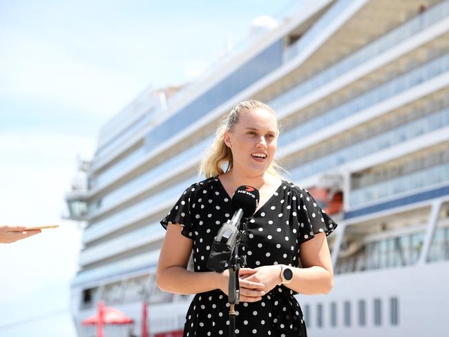 Lisa Woolfe, TEL Director &amp; Visitor Economy &amp; Marketing, in front of the Viking Orion, the first major cruise ship to dock in Townsville since January 2020. Picture: Shae Beplate.