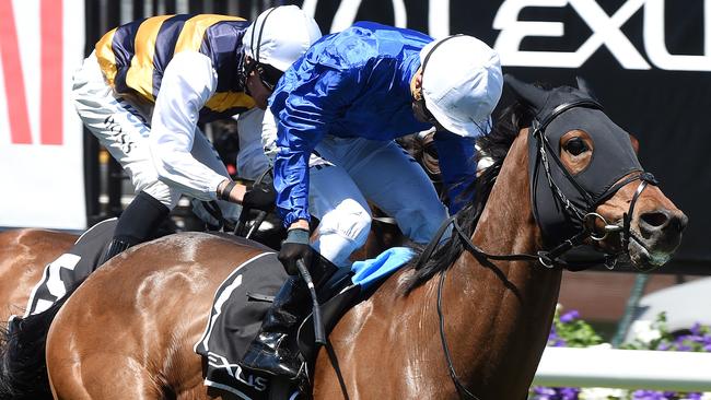 Kerrin McEvoy powered down the outside to win the Lexus Stakes on Oceanographer. Picture: Nicole Garmston