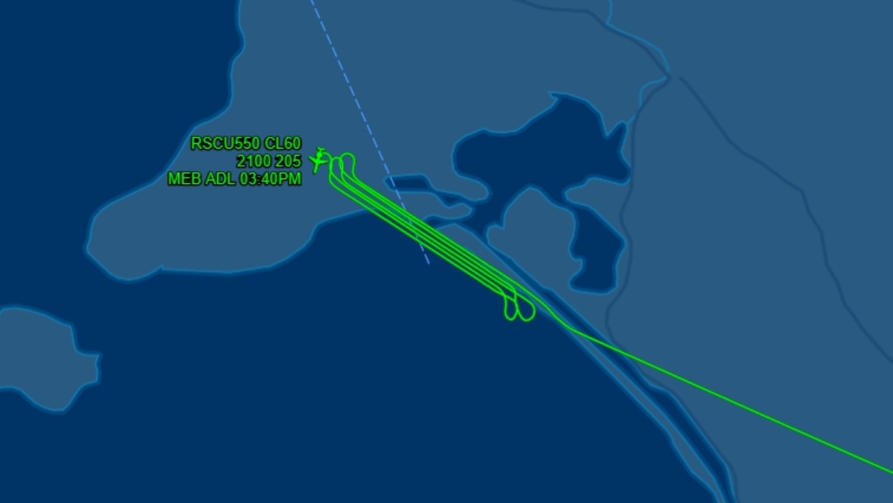 Flight path of the Australian Maritime Safety Authority's Challenger jet searching for Tony Higgins. Picture: FlightAware