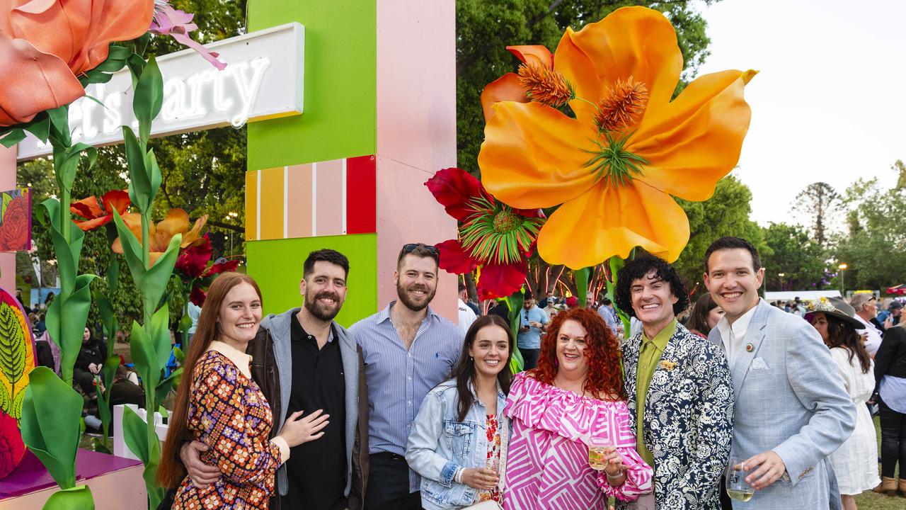 At Toowoomba Carnival of Flowers Festival of Food and Wine are (from left) Hannah McGuiness, Jared Dalton, Ryley Dalton, Izzy Dalton, Amanda Dalton, Darce Foley and Matt Dolphin, Saturday, September 14, 2024. Picture: Kevin Farmer