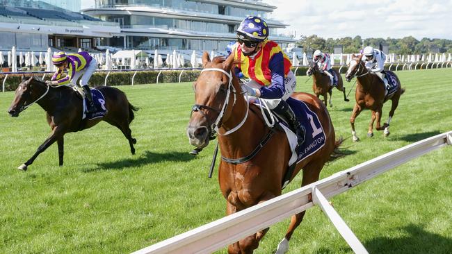 Jamie Kah rides Nature Strip to victory in the Black Caviar Lightning at Flemington on February 13. Picture: Getty Images