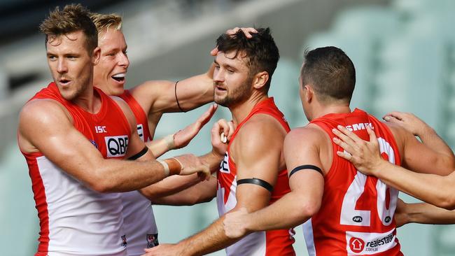 Swans players celebrate a goal during Round 1. Picture: AAP Images