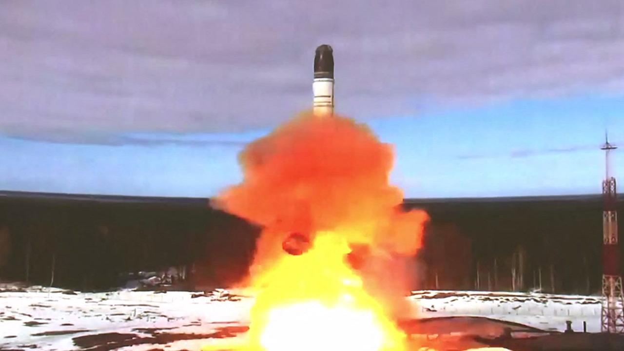 The launching of the Sarmat intercontinental ballistic missile at Plesetsk testing field in Russia. Picture: Handout/Russian Defence Ministry/AFP