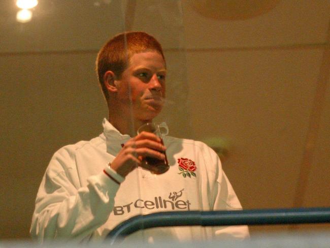 Prince Harry drinks a beer at the Rugby World Cup in Sydney in 2003. The prince has spoken about his younger “partying” days. Picture: Supplied