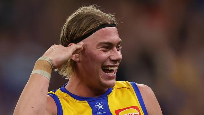 PERTH, AUSTRALIA - APRIL 20: Harley Reid of the Eagles celebrates after scoring a goal during the 2024 AFL Round 06 match between the West Coast Eagles and the Fremantle Dockers at Optus Stadium on April 20, 2024 in Perth, Australia. (Photo by Will Russell/AFL Photos via Getty Images)