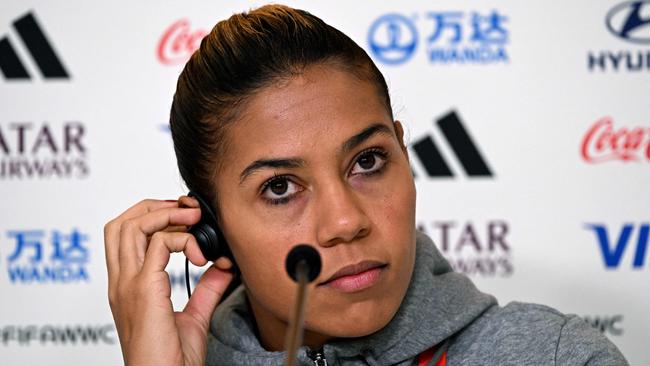 Morocco's captain Ghizlane Chebbak smiles in a press conference in Melbourne on July 23, 2023, on the eve of the Women's World Cup football match between Germany and Morocco. (Photo by William WEST / AFP)