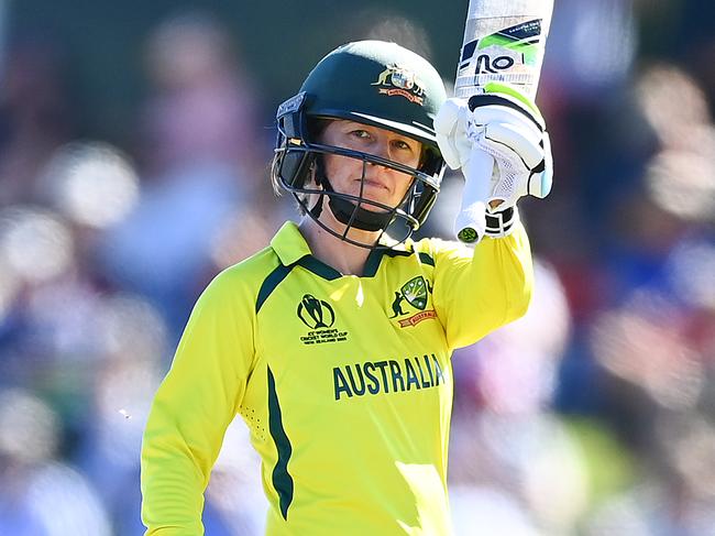 CHRISTCHURCH, NEW ZEALAND - APRIL 03: Rachael Haynes of Australia celebrates her half century during the 2022 ICC Women's Cricket World Cup Final match between Australia and England at Hagley Oval on April 03, 2022 in Christchurch, New Zealand. (Photo by Hannah Peters/Getty Images)