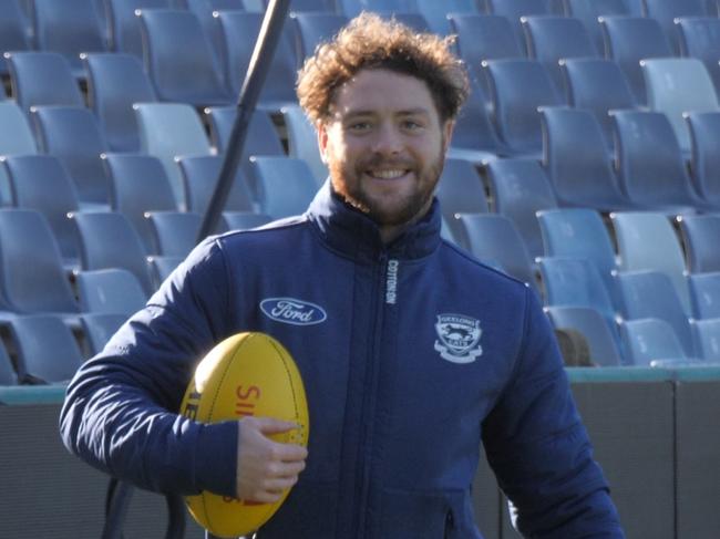 Geelong's. Jack Steven's back at GMHBA Stadium  after a stabbing incident last week, he was walking Laps  of the oval. Picture: Geelong FC/supplied