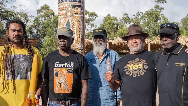 Gapanbulu Yunupingu, Djawa Yunupingu, DJungadjunga Yunupingu, Noel Pearson and Balupalu Yunupingu at the Ceremonial yidaki on day three of Garma Festival, on Sunday August 6. Picture: Pema Tamang Pakhrin