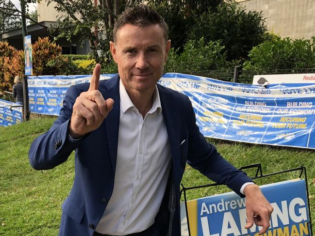 On the hustings... Bowman MP Andrew Laming is out early on polling day, thanking volunteers at Thornlands State Primary School. Photo: Paula Shearer.