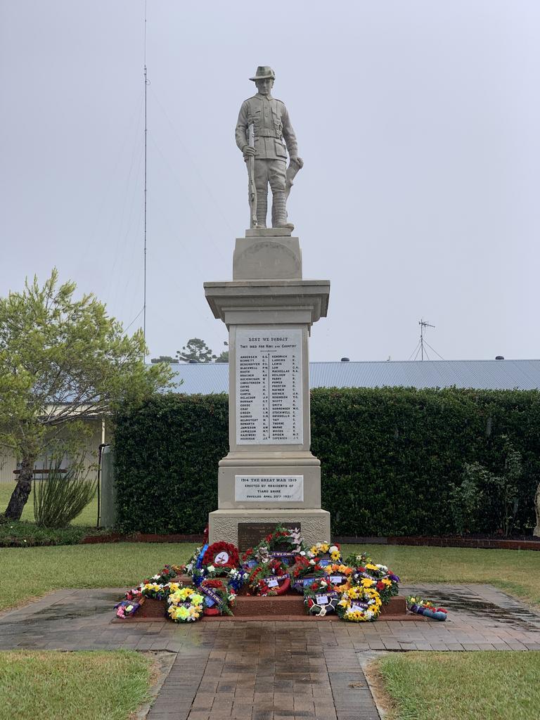 Wreaths laid at Tiaro's war memorial.