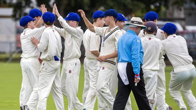 Marist College celebrate a wicket.(AAP Image/Richard Walker)