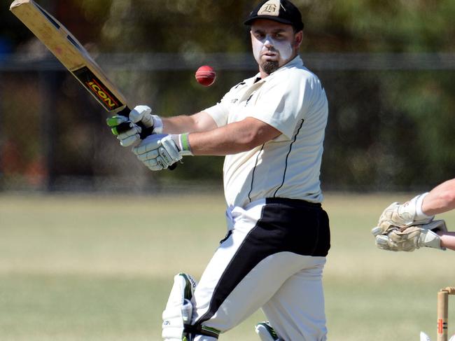 Cricket MPCA Pines v Boneo at Eric Bell Reserve, Frankston North. Boneo's Cameron Williams on his way to 36 before being caught and bowled by Brett Hudgson.